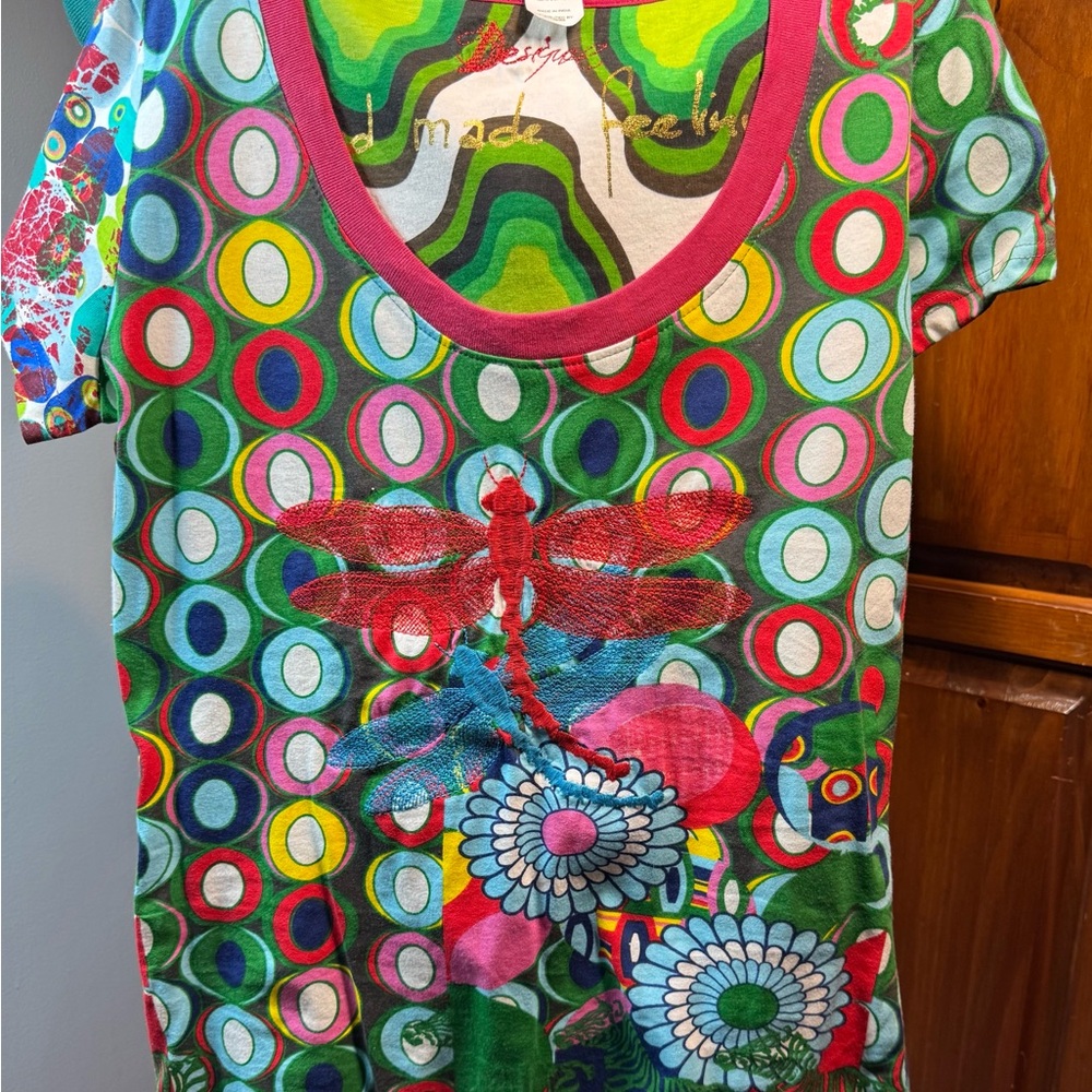 NWOT - Vintage Desigual Dragonfly Embroidered & Print T-Shirt